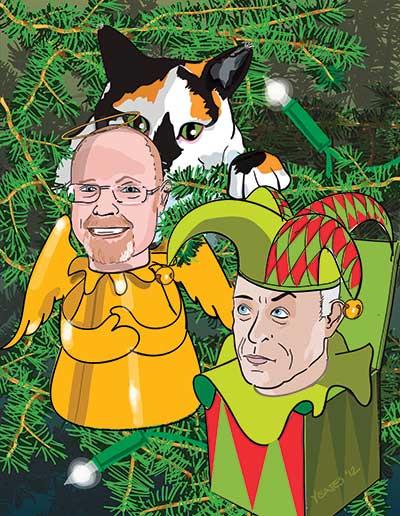 Holiday card illustration of cat, people in Christmas tree, including portraits. Vector illustration.