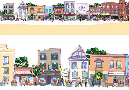 Coloured sketch of several blocks of the Danforth Avenue streetscape, Toronto, including stores, people and landscape.