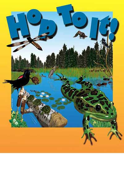 Poster showing a marsh scene including tree species, frogs, pelicans, red-winged blackbird, kingfisher, dragonfly.