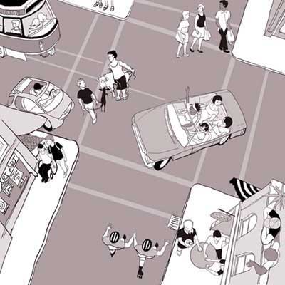 Aerial view of city intersection in gay neighbourhood with people and activity